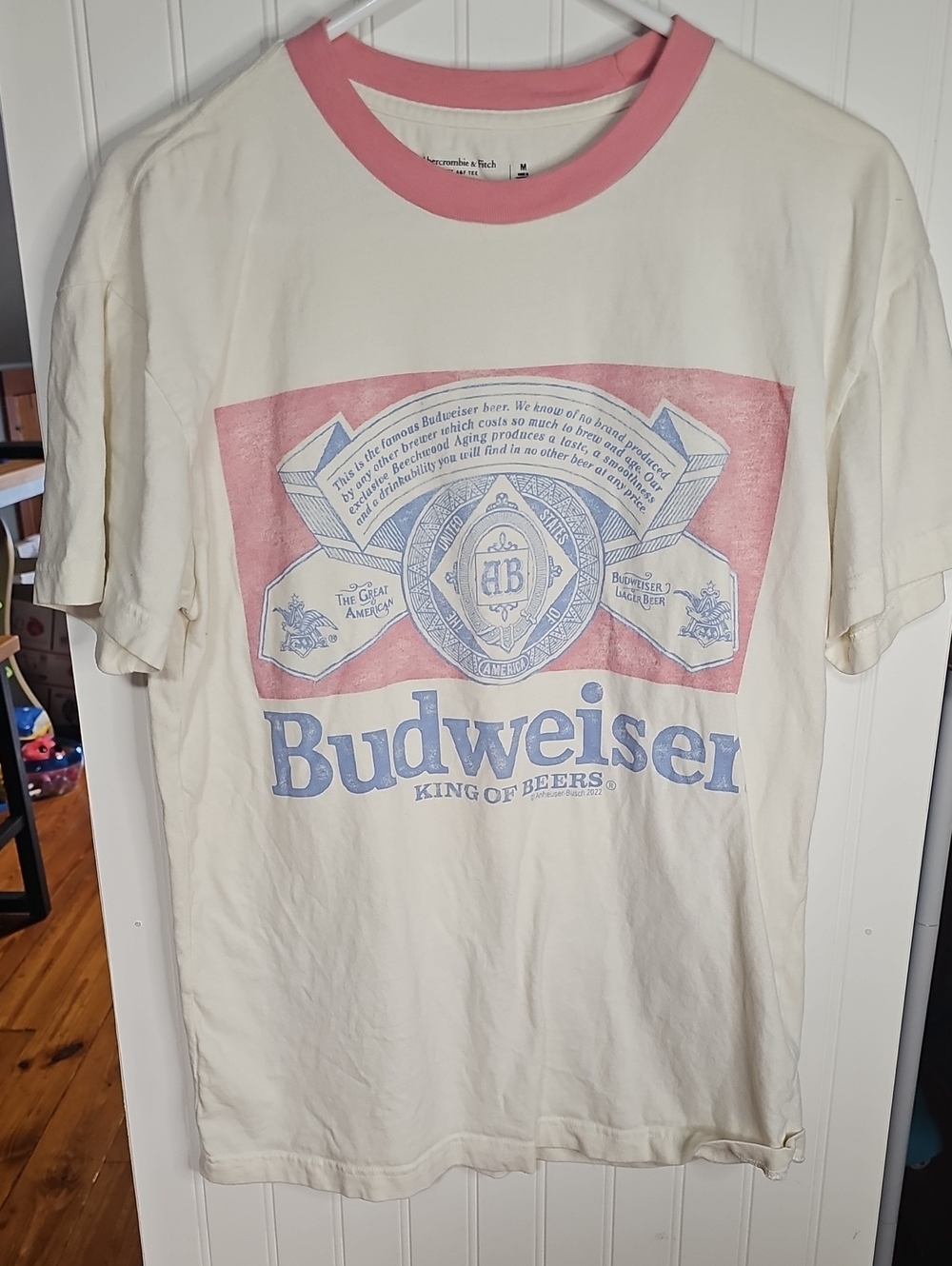 Abercrombie & Fitch Cream Budweiser Graphic Tee with Pink and Light Blue Logo